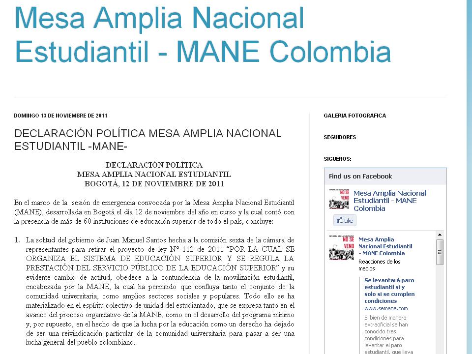 DECLARACIÓN POLÍTICA MESA AMPLIA NACIONAL ESTUDIANTIL BOGOTÁ, 12 DE NOVIEMBRE DE 2011